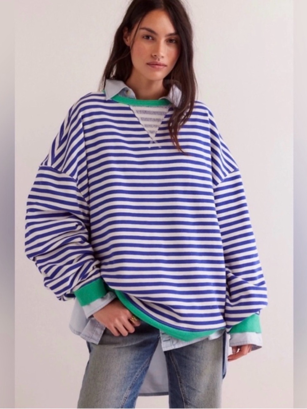 Free People Oversized Striped Sweatshirt Green Blue